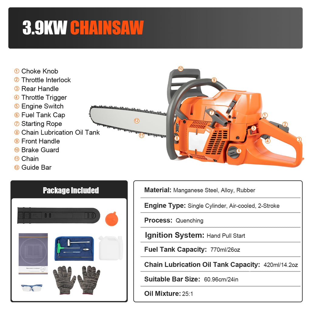Gas Powered Chainsaw, 71.8cc 2-Stroke, 24 Inch M9508