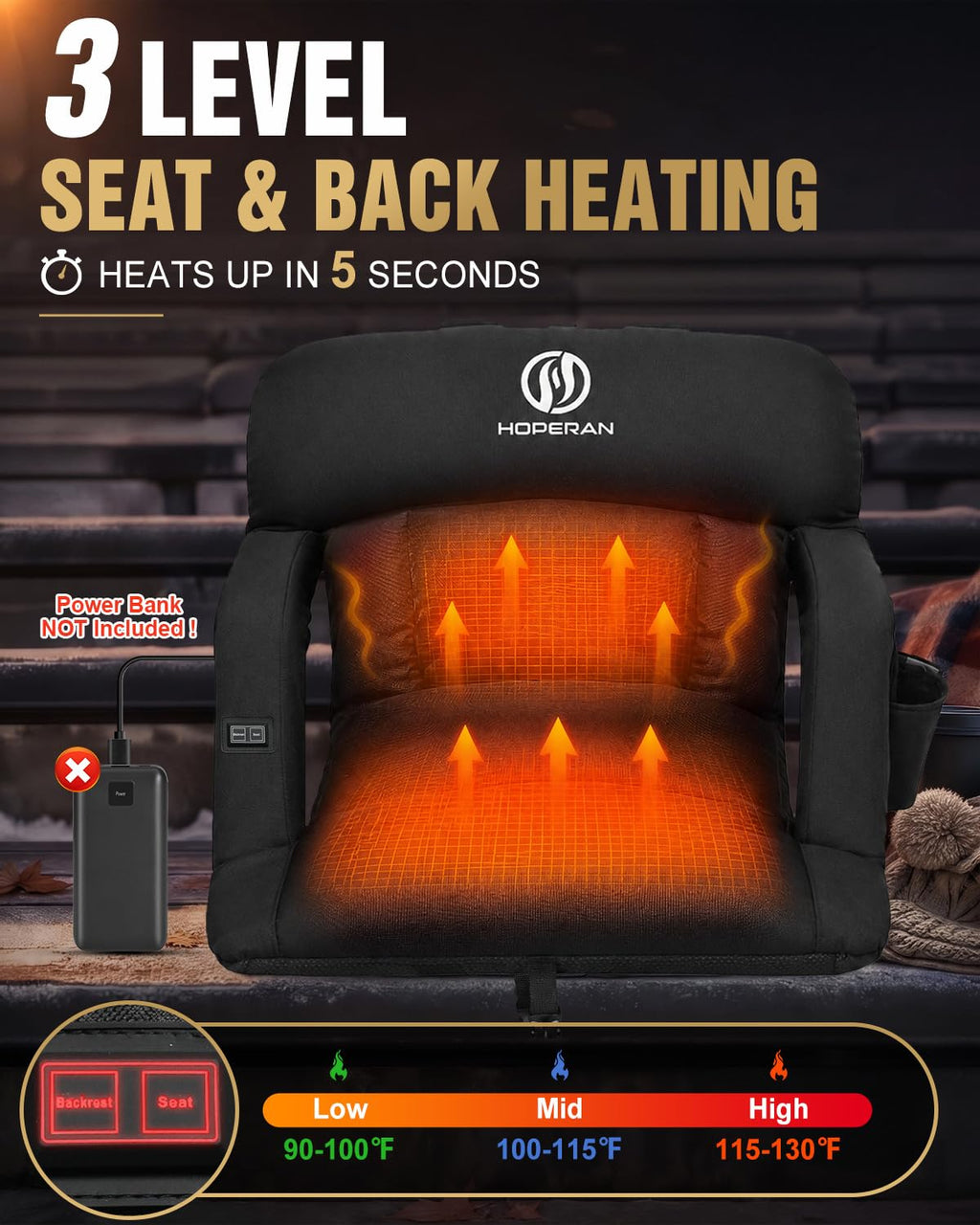 25" Heated Stadium Seats for Bleachers, 4.3" Extra Thick, Black 2PC I97936