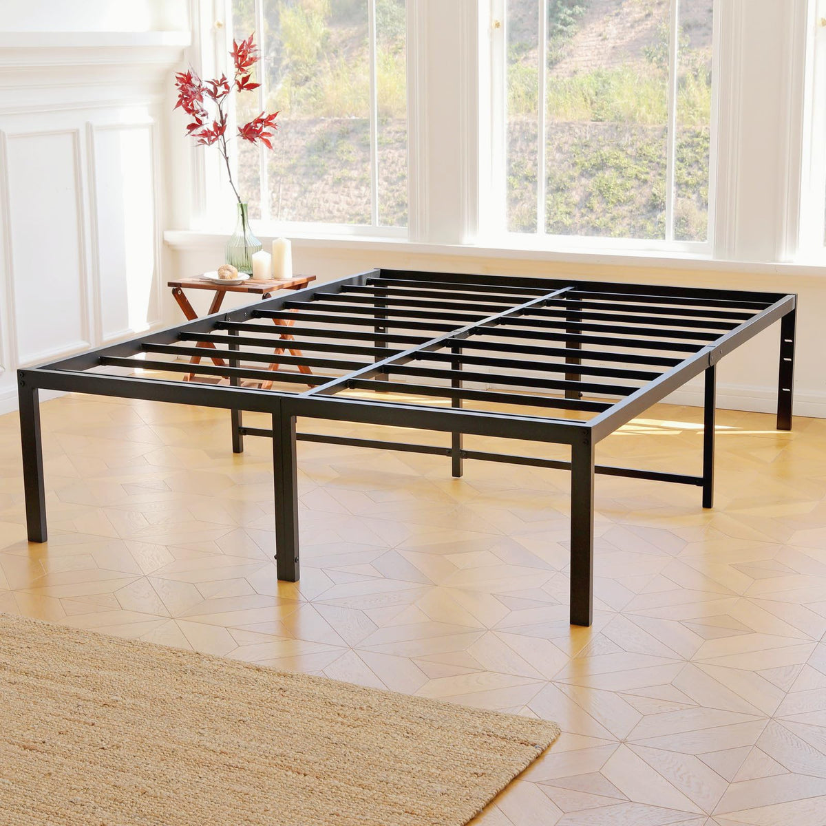 Queen Size Black Metal Bed Frame with Steel Slats O71386
