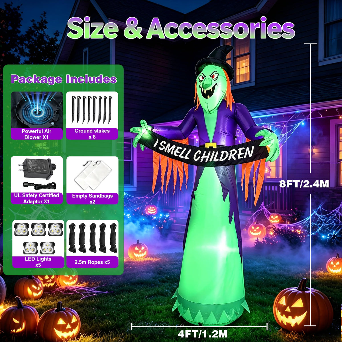 8FT Inflatable Witch Halloween Decoration with Built-in LED Lights M950895