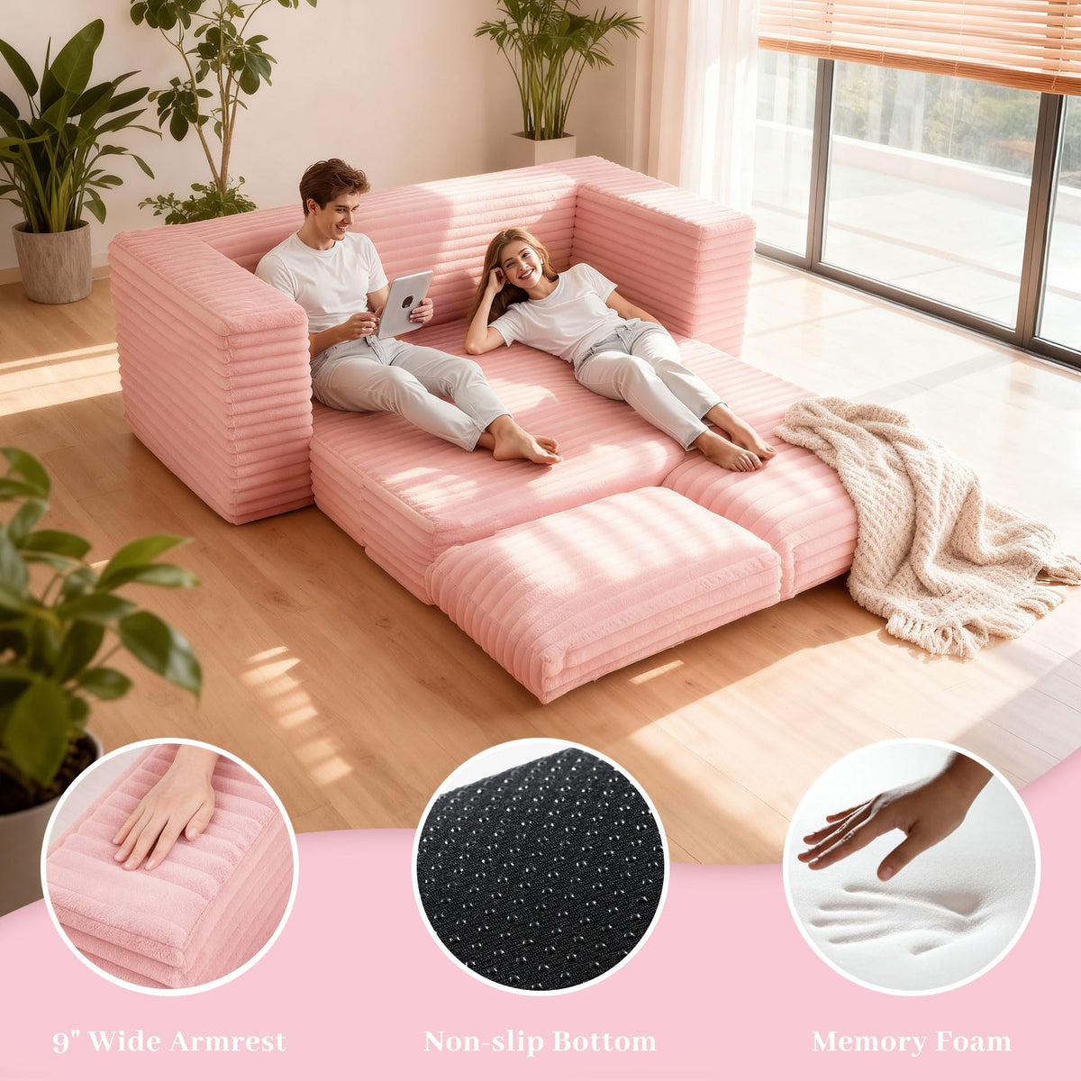 62" Pink Convertible Folding Sofa Bed Y8488