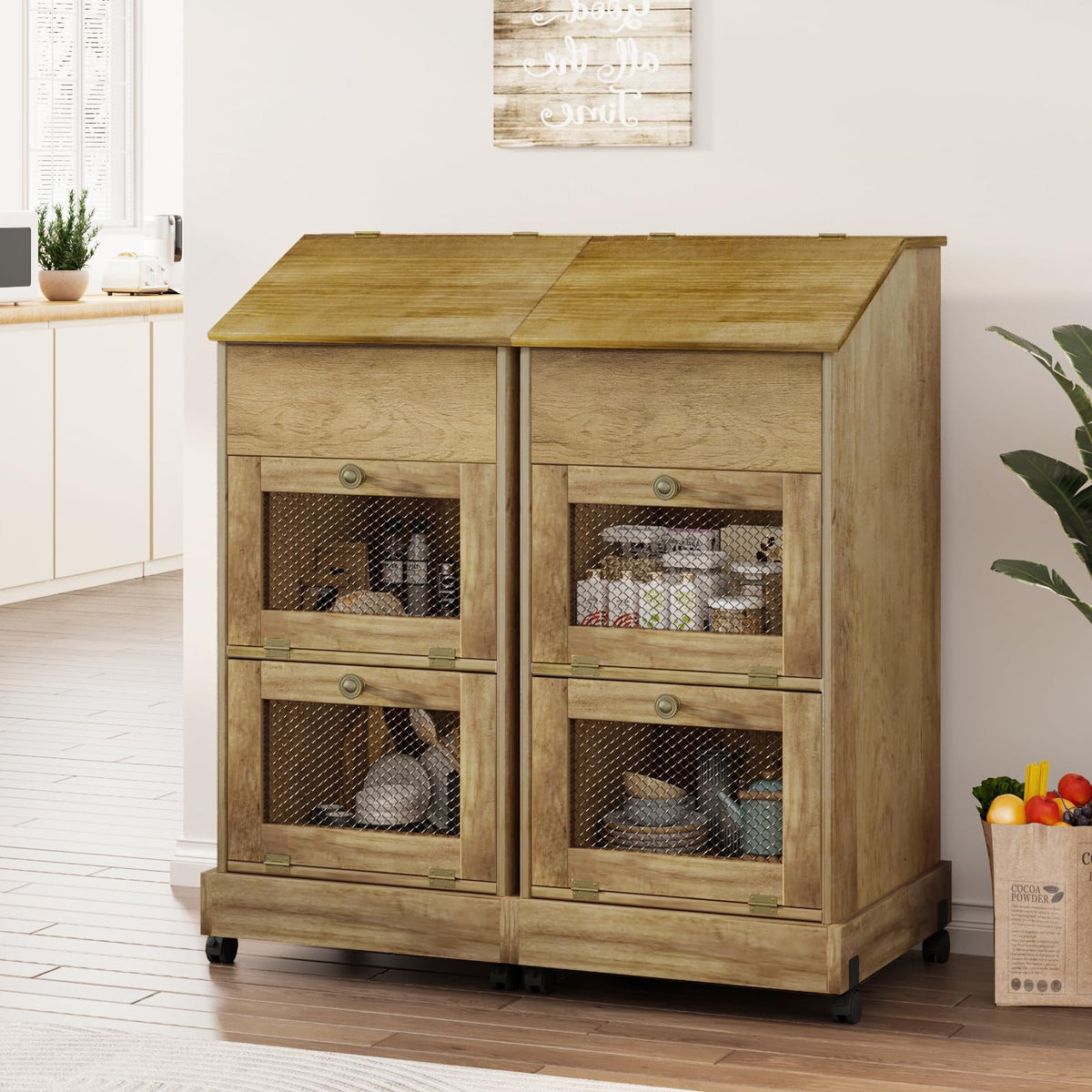 Brown Wooden Potato Storage Bin with Wheel T4723