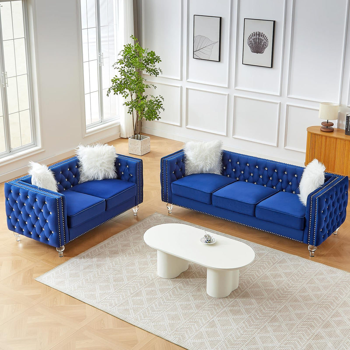 Blue Velvet Chesterfield Sofa with 2 Throw Pillows F921893