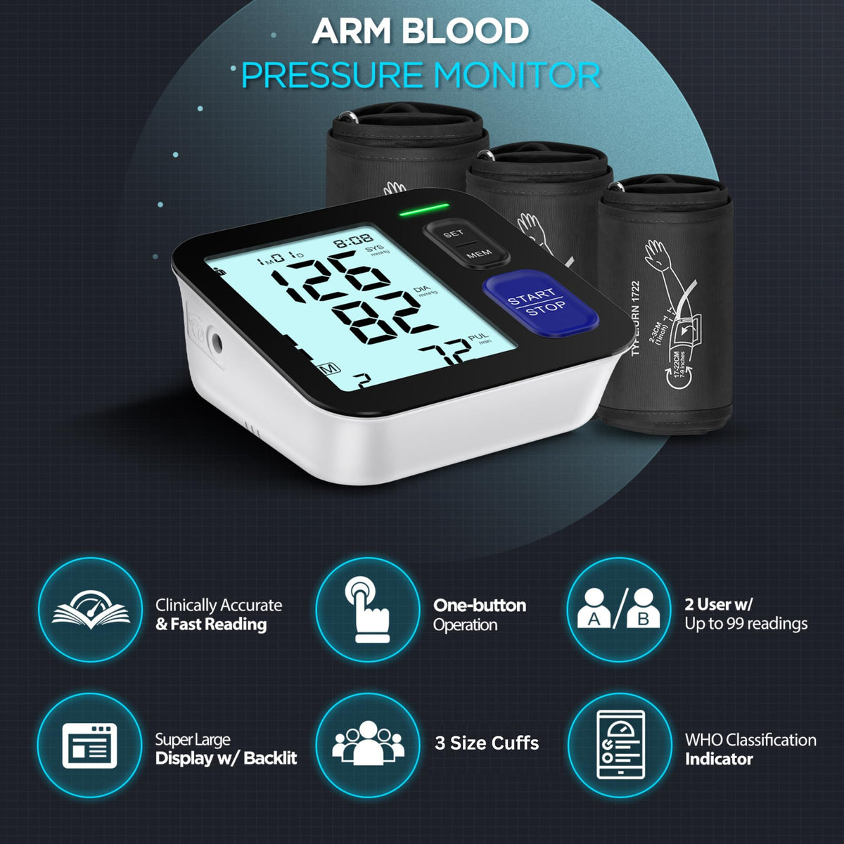 Upper Arm Blood Pressure Machine with 3 Size Cuffs L61342