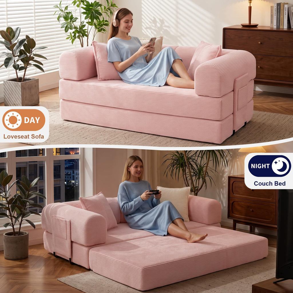 Pink Convertible Futon Sofa Bed with 3 Pillows Z245071