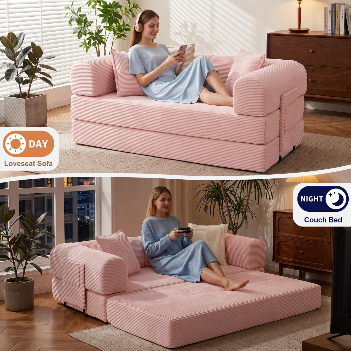 Pink Convertible Futon Sofa Bed with 3 Pillows Z245071