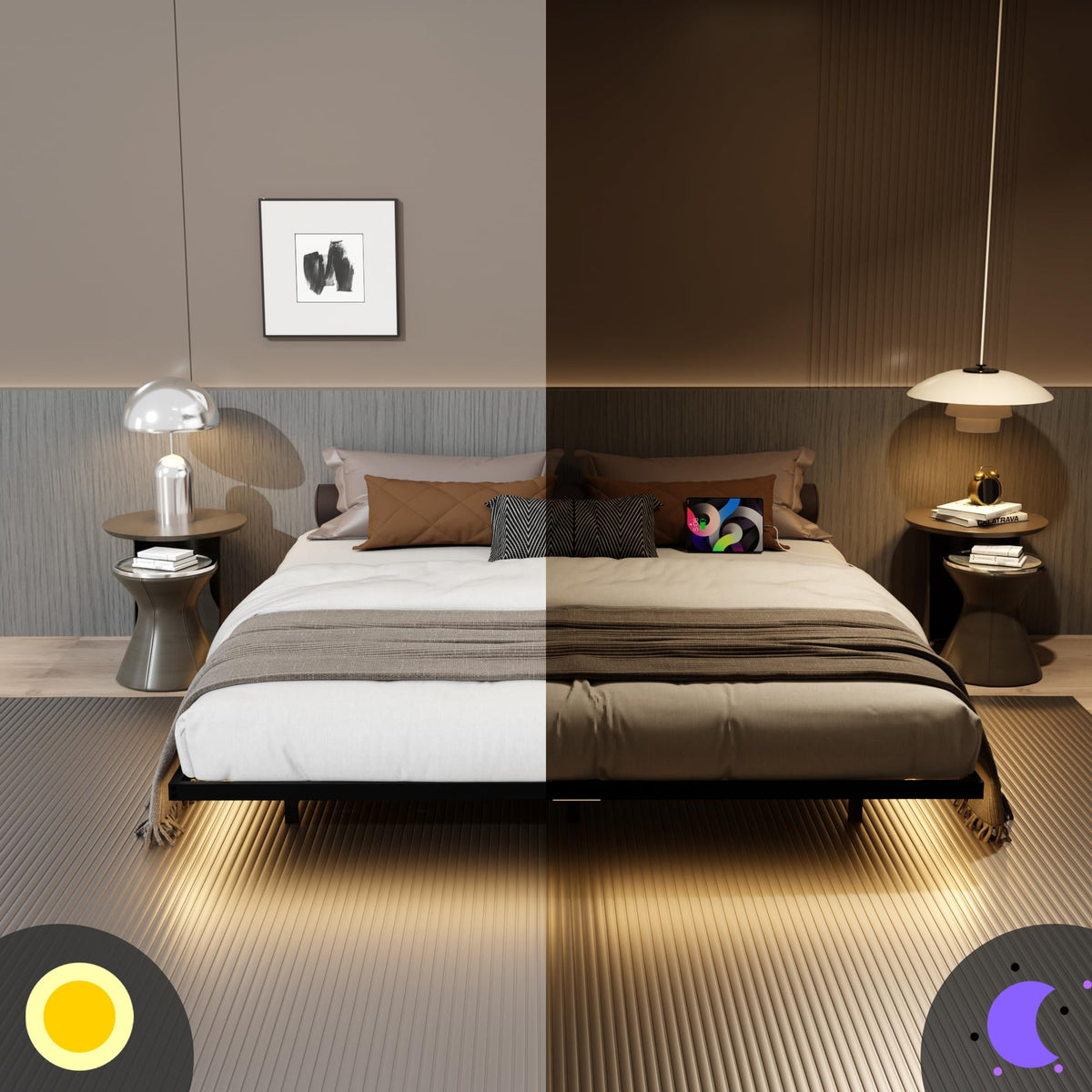 King Size Metal Platform Bed Frame with Charging Station and LED Lights V919