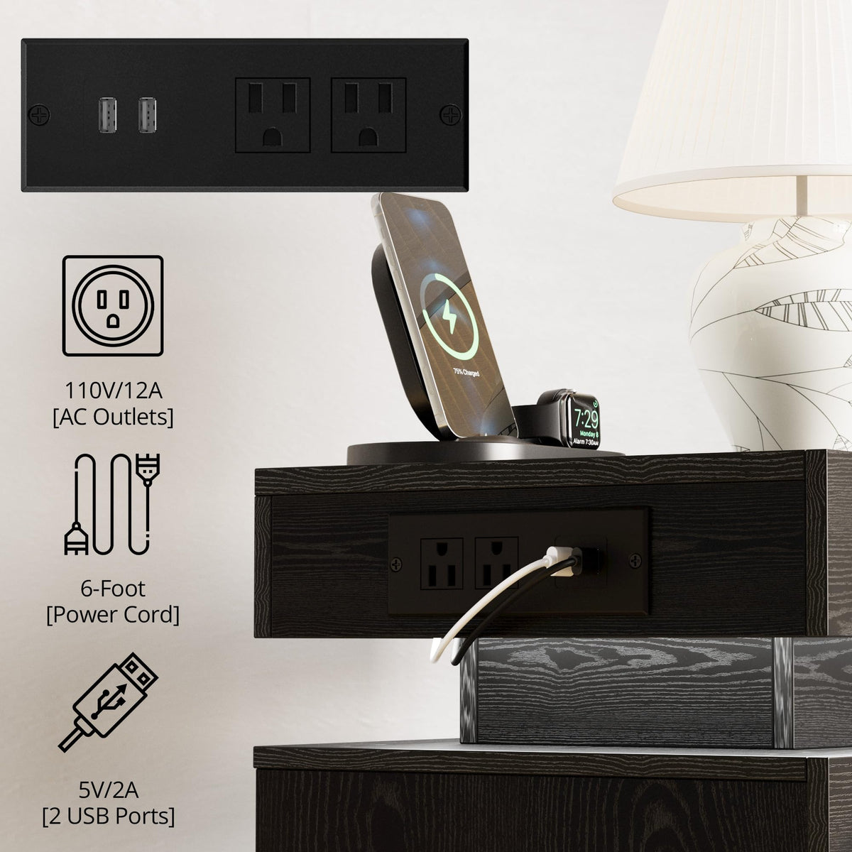 Black 3 Drawer Nightstand with Charging Station Z7212