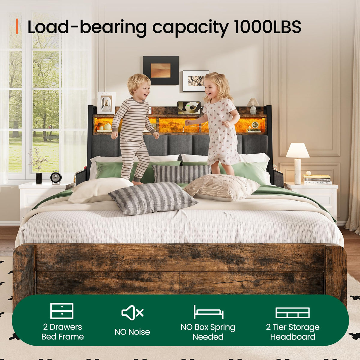 King Size Upholstered Bed Frame with 2 Storage Drawers and Charging Station X408