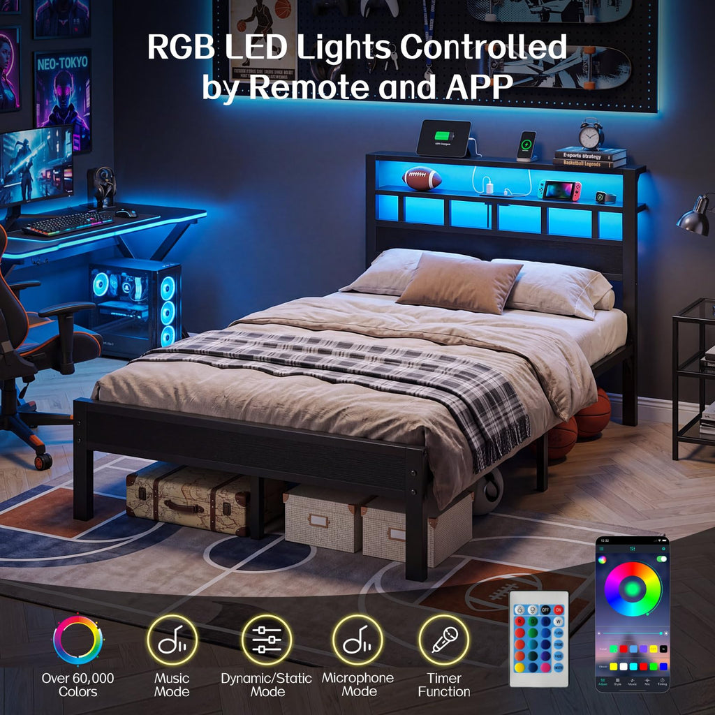 Full Size Bed Frame with Charging Station and LED Y88694