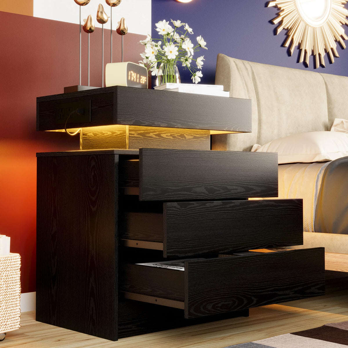Black 3 Drawer Nightstand with Charging Station Z7212