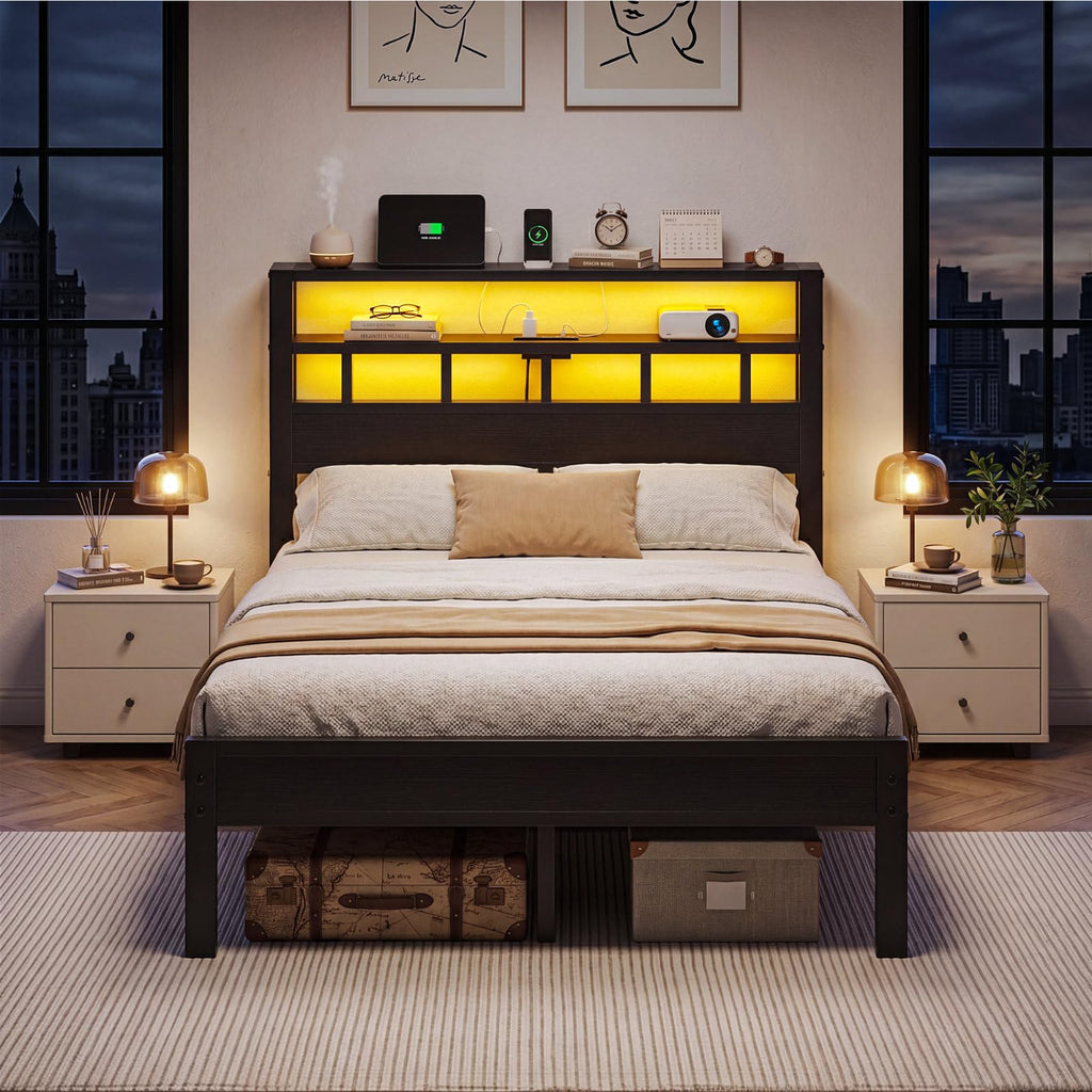 Full Size Bed Frame with Charging Station and LED Y88694