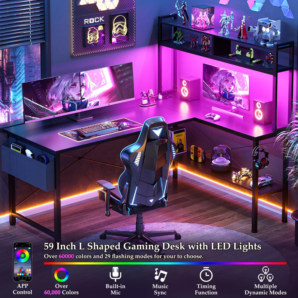 59" L Shaped Desk with LED Light & Power Outlet D10834