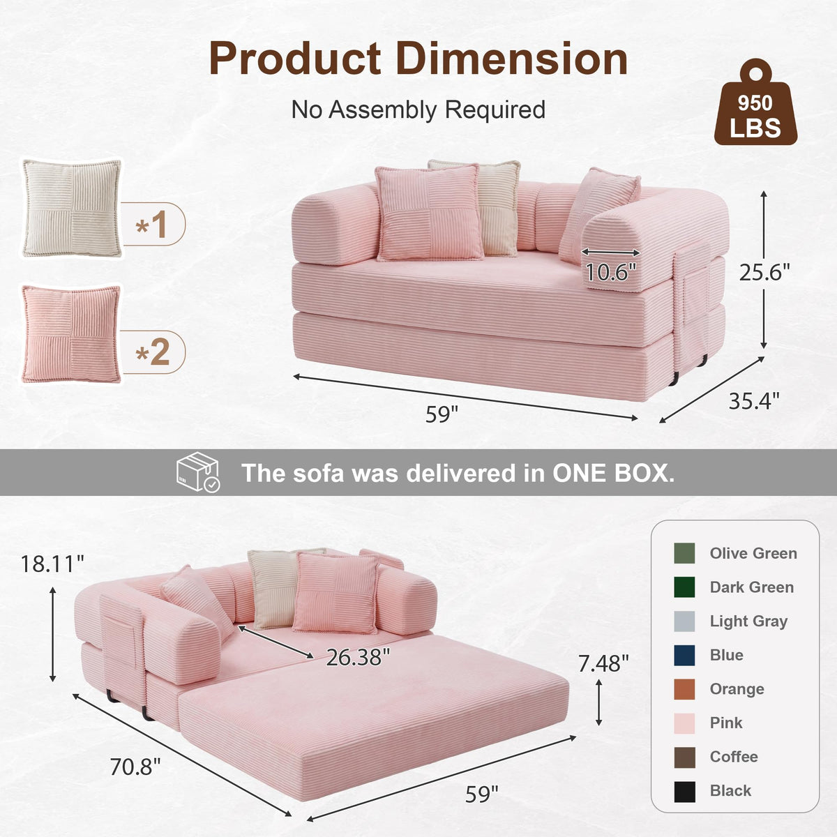Pink Convertible Futon Sofa Bed with 3 Pillows Z245071