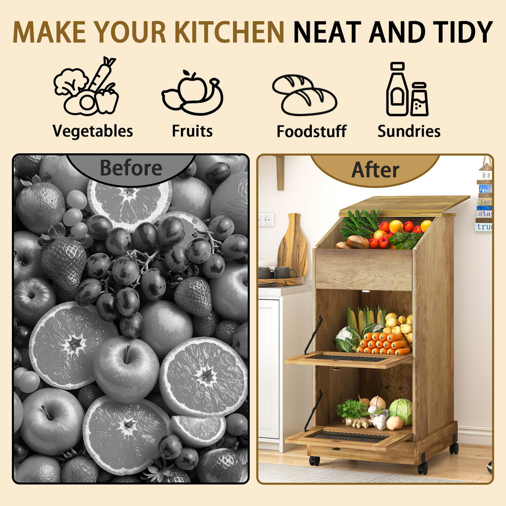 Brown Wooden Potato Storage Bin with Wheel T4723