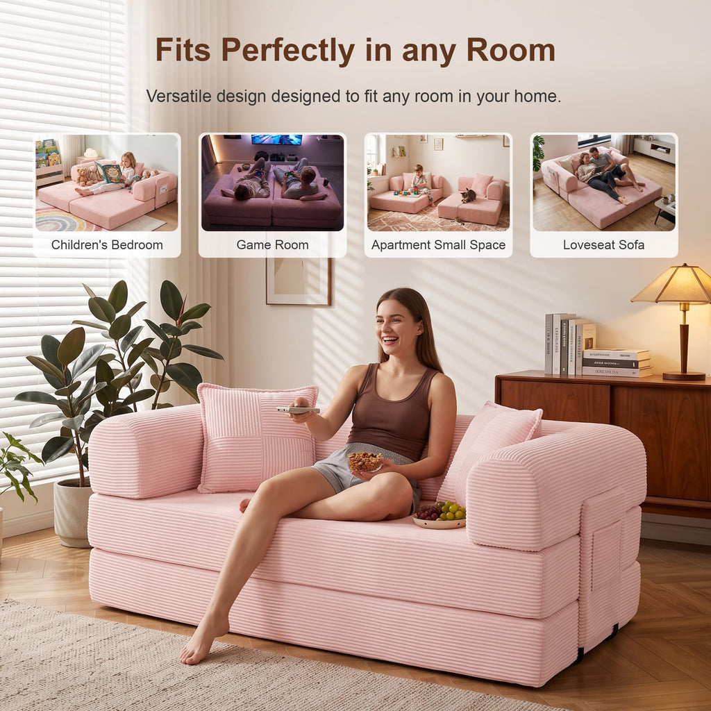 Pink Convertible Futon Sofa Bed with 3 Pillows Z245071