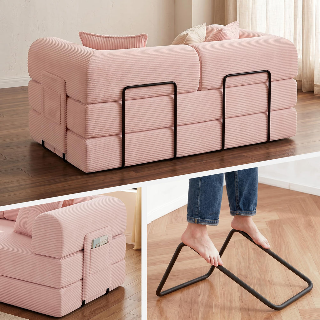 Pink Convertible Futon Sofa Bed with 3 Pillows Z245071