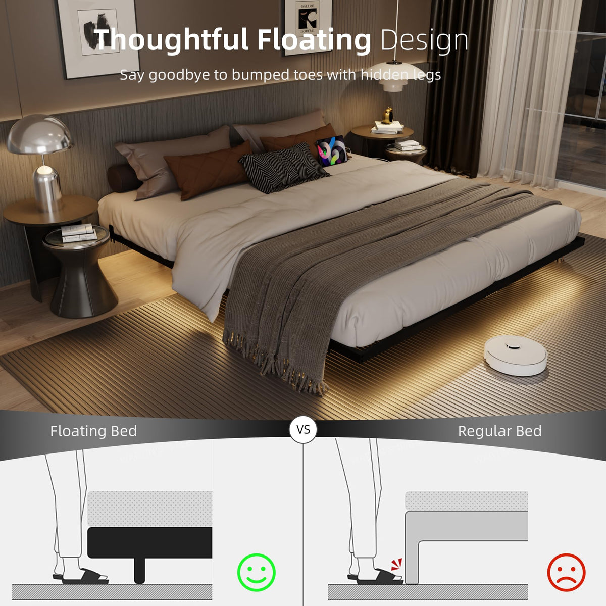 King Size Metal Platform Bed Frame with Charging Station and LED Lights V919