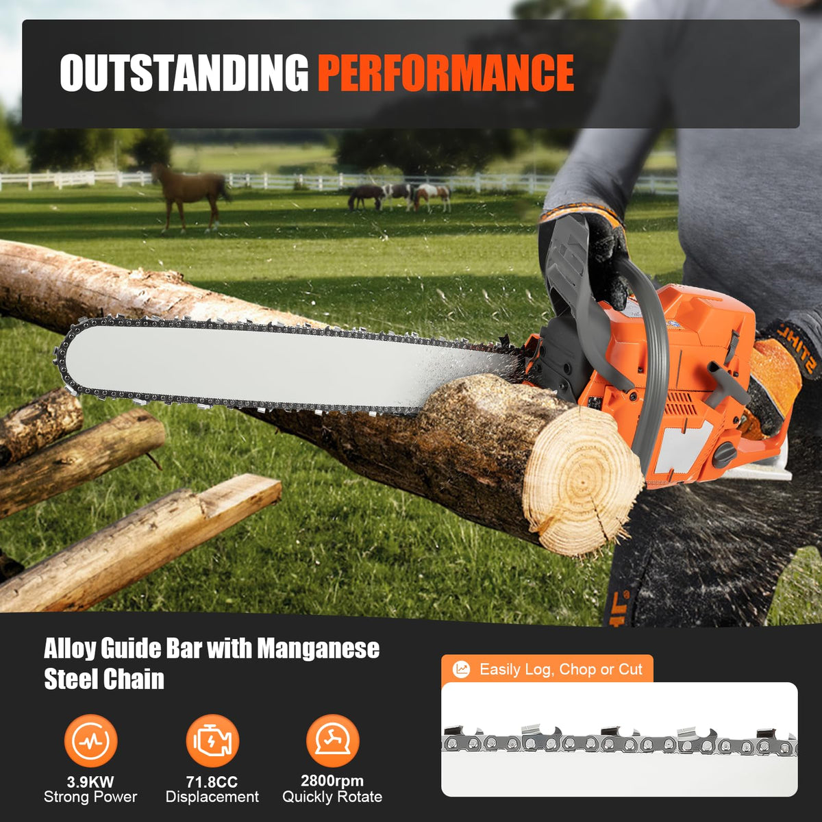 Gas Powered Chainsaw, 71.8cc 2-Stroke, 24 Inch M9508