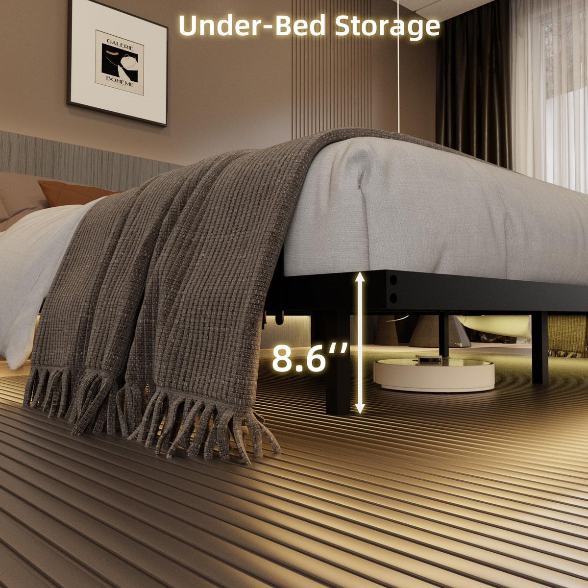 King Size Metal Platform Bed Frame with Charging Station and LED Lights V919