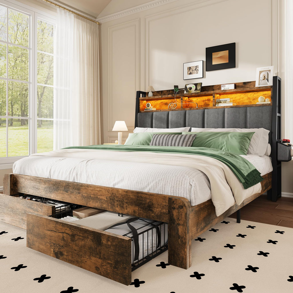 King Size Upholstered Bed Frame with 2 Storage Drawers and Charging Station X408