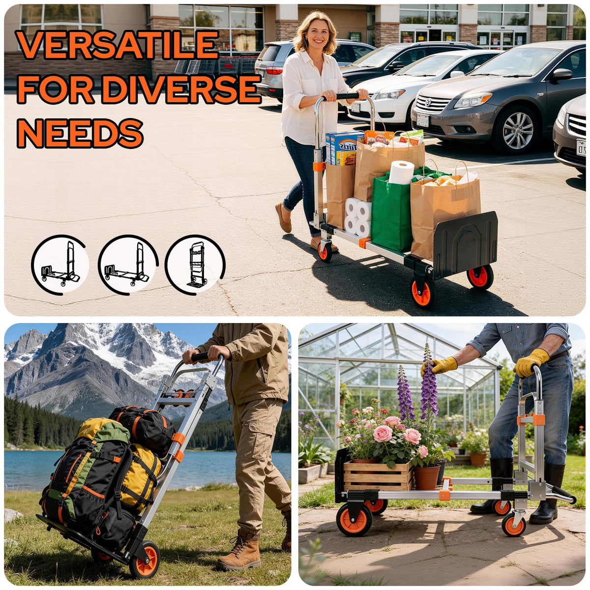Folding Hand Truck Dolly Cart with Wheels, 500lb Load, Silver Orange P392468