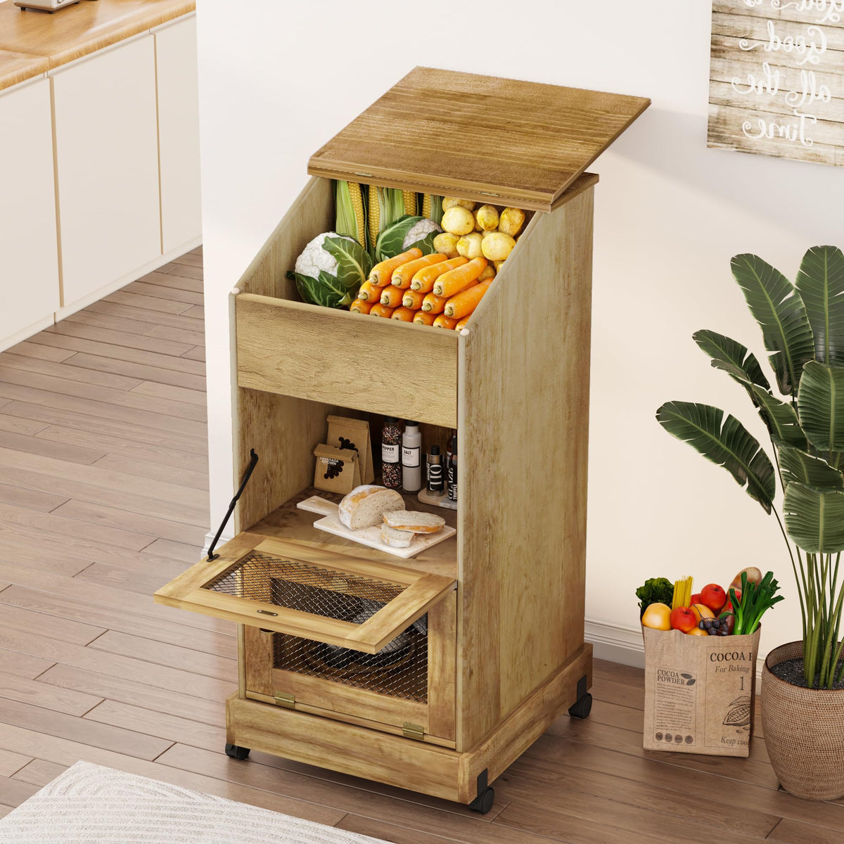 Brown Wooden Potato Storage Bin with Wheel T4723