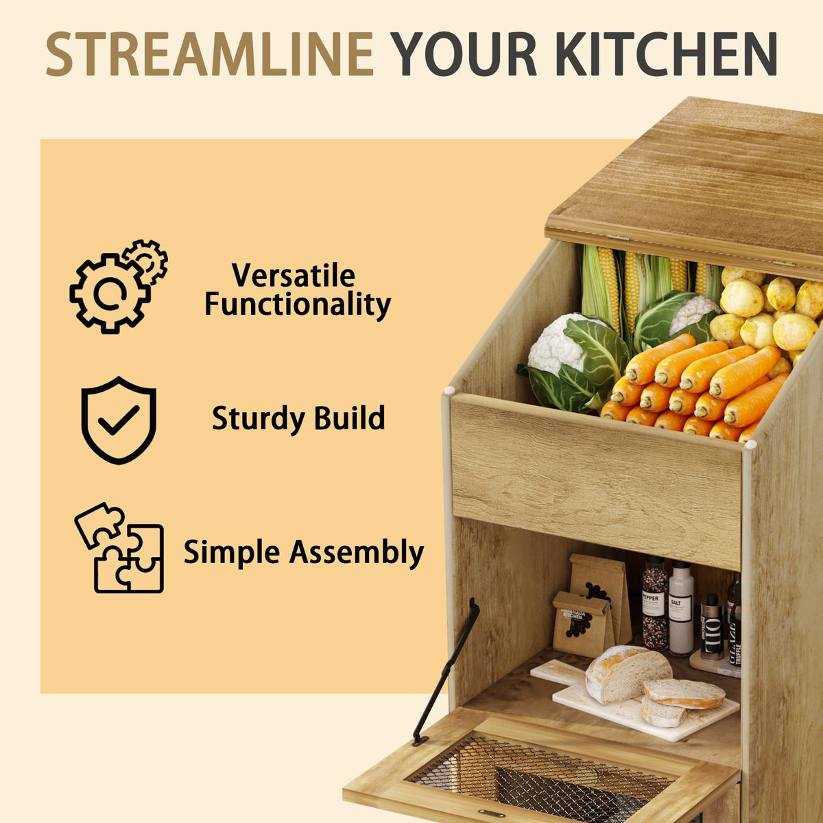 Brown Wooden Potato Storage Bin with Wheel T4723