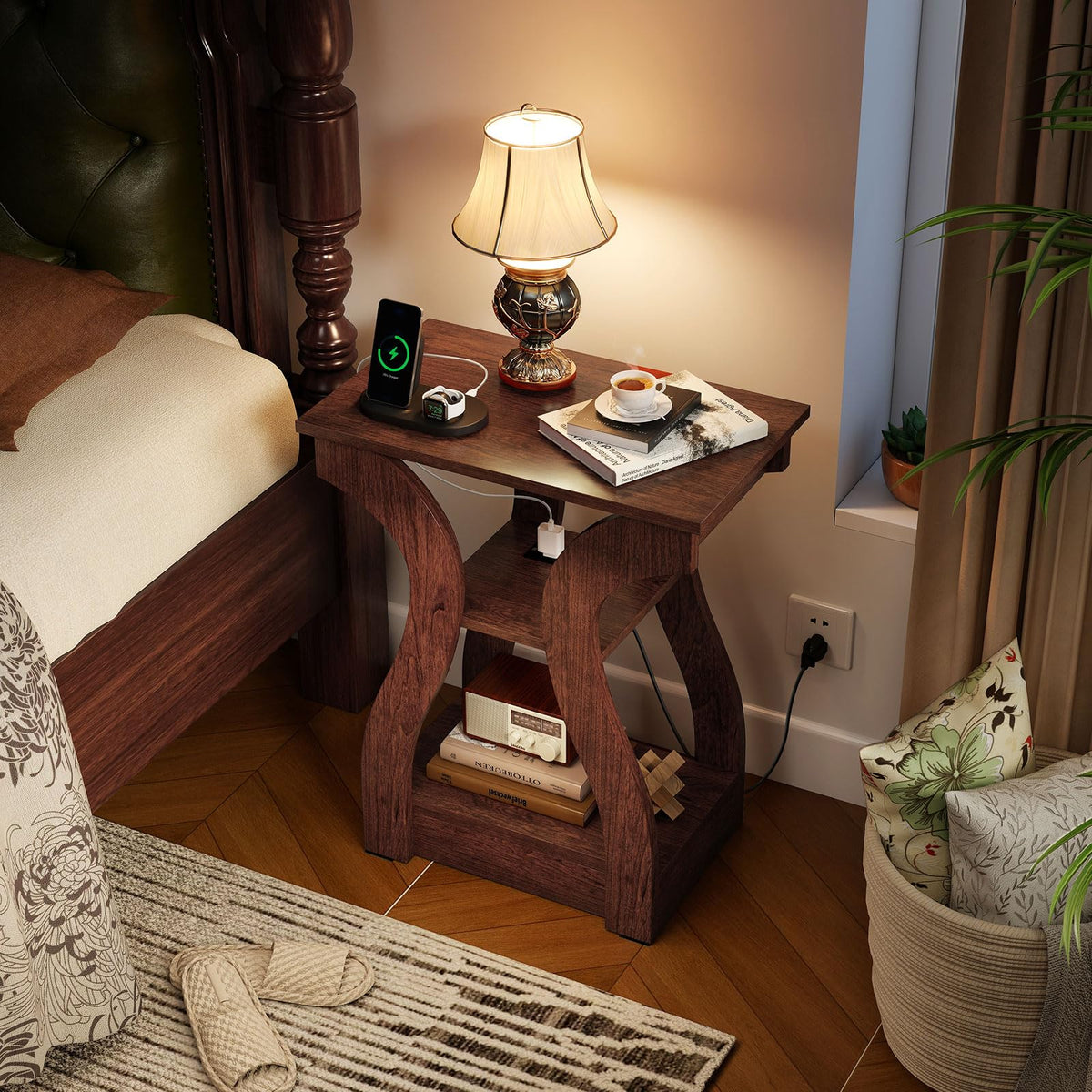 Narrow End Tables Set of 2 Wood with Charging Station Z8053