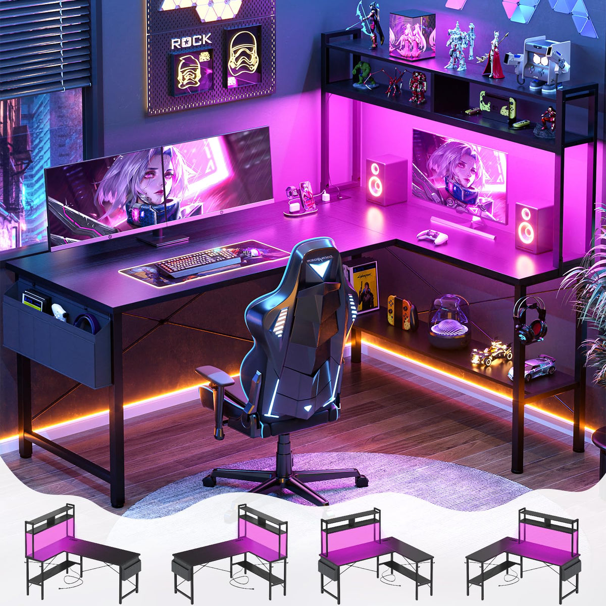 59" L Shaped Desk with LED Light & Power Outlet D10834