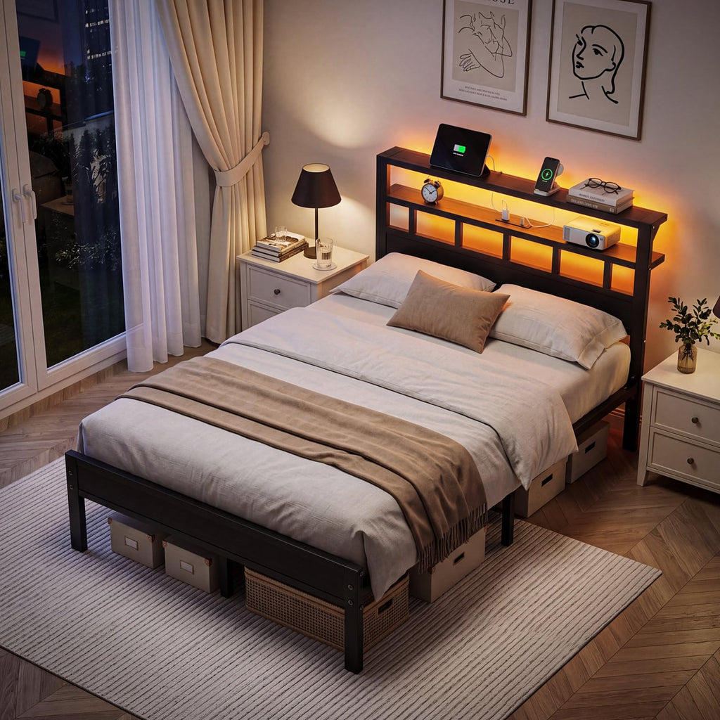 Full Size Bed Frame with Charging Station and LED Y88694