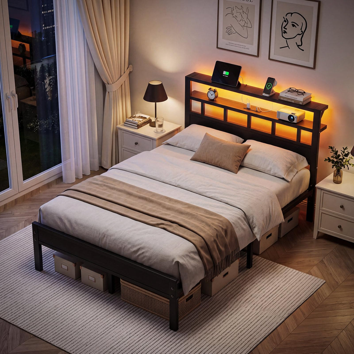 Full Size Bed Frame with Charging Station and LED Y88694
