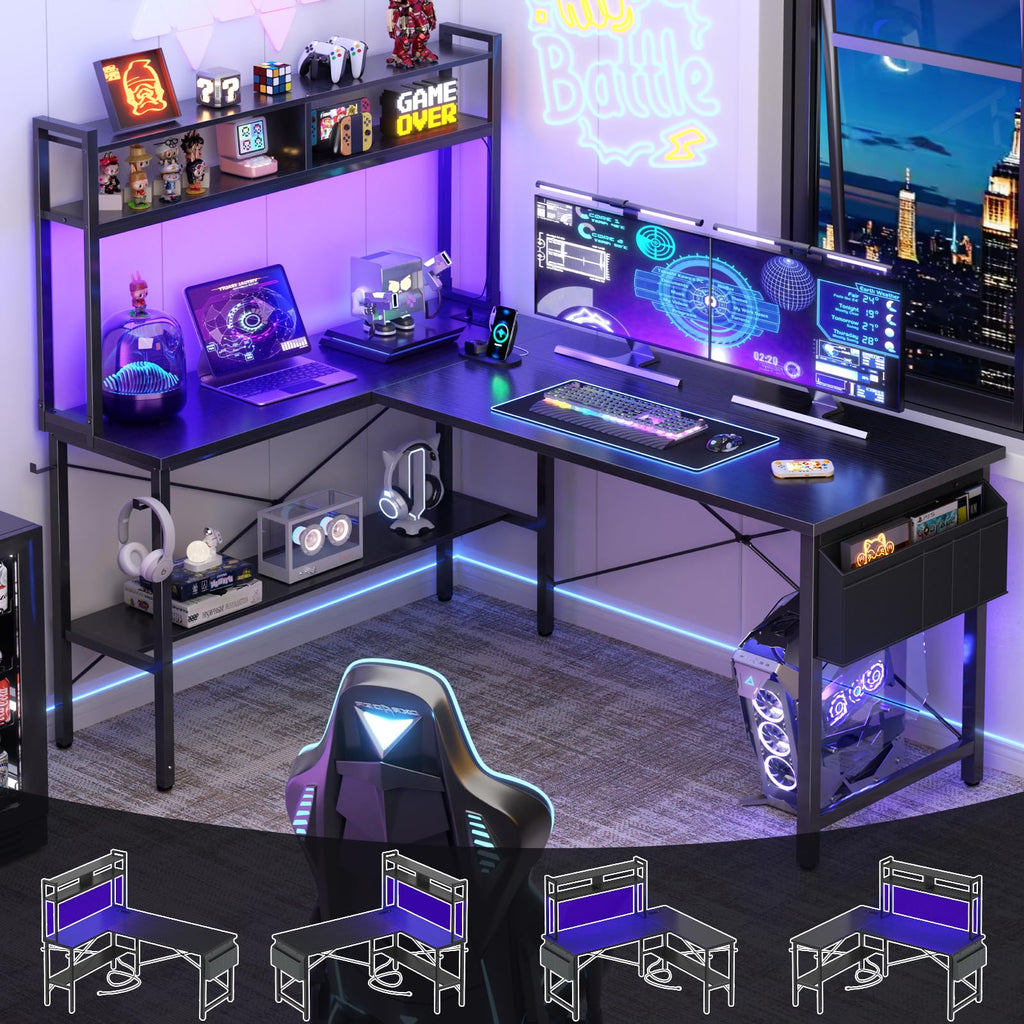 59" L Shaped Desk with LED Light & Power Outlet D10834