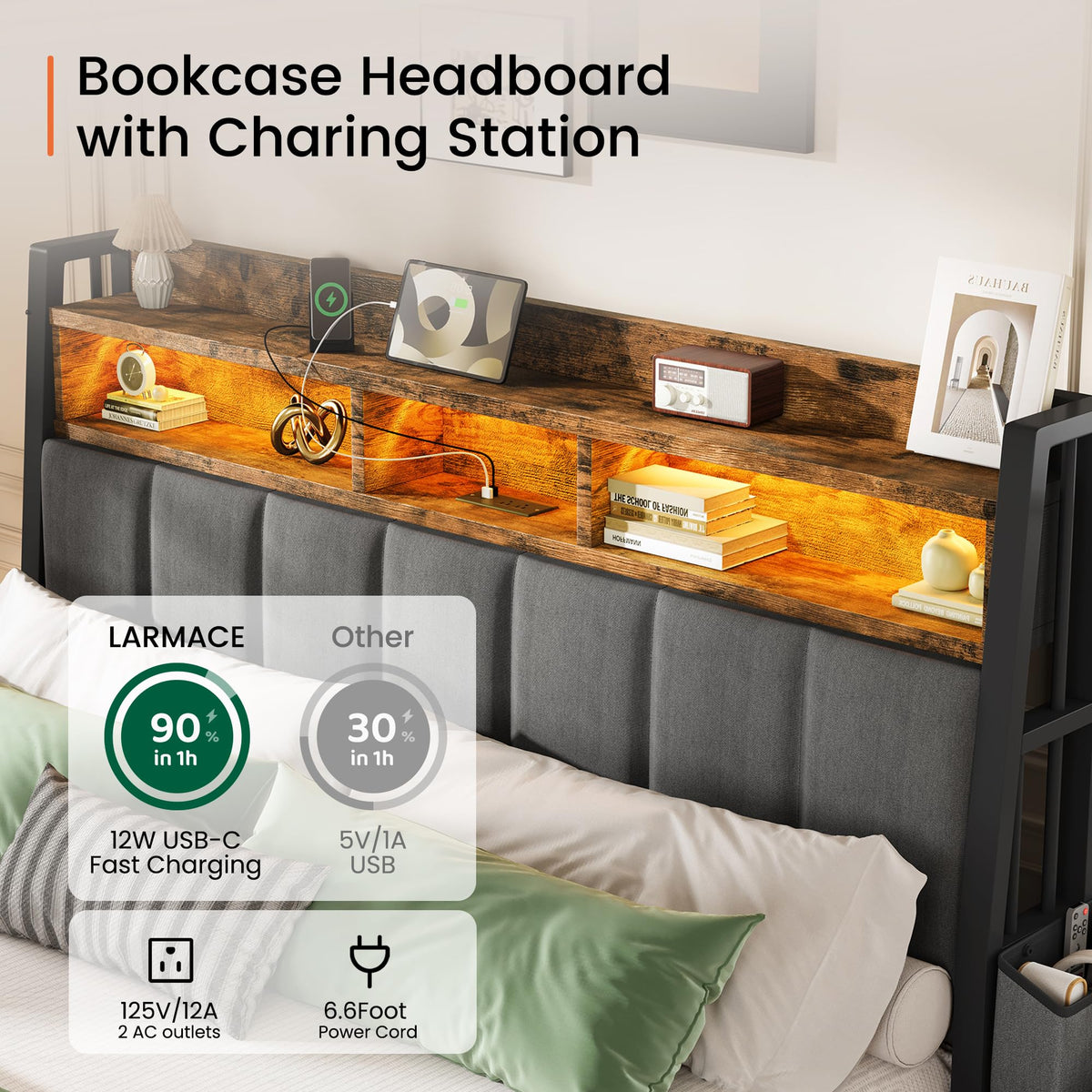 King Size Upholstered Bed Frame with 2 Storage Drawers and Charging Station X408