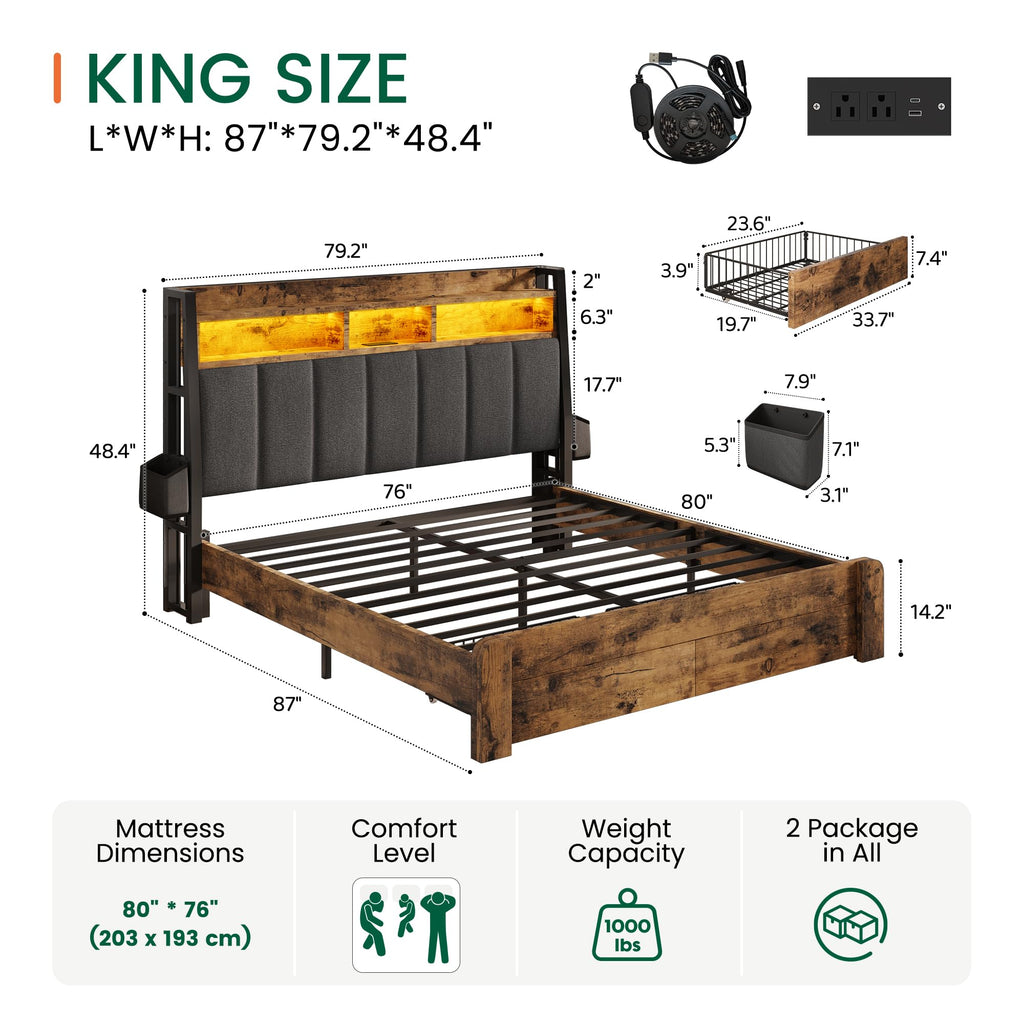 King Size Upholstered Bed Frame with 2 Storage Drawers and Charging Station X408