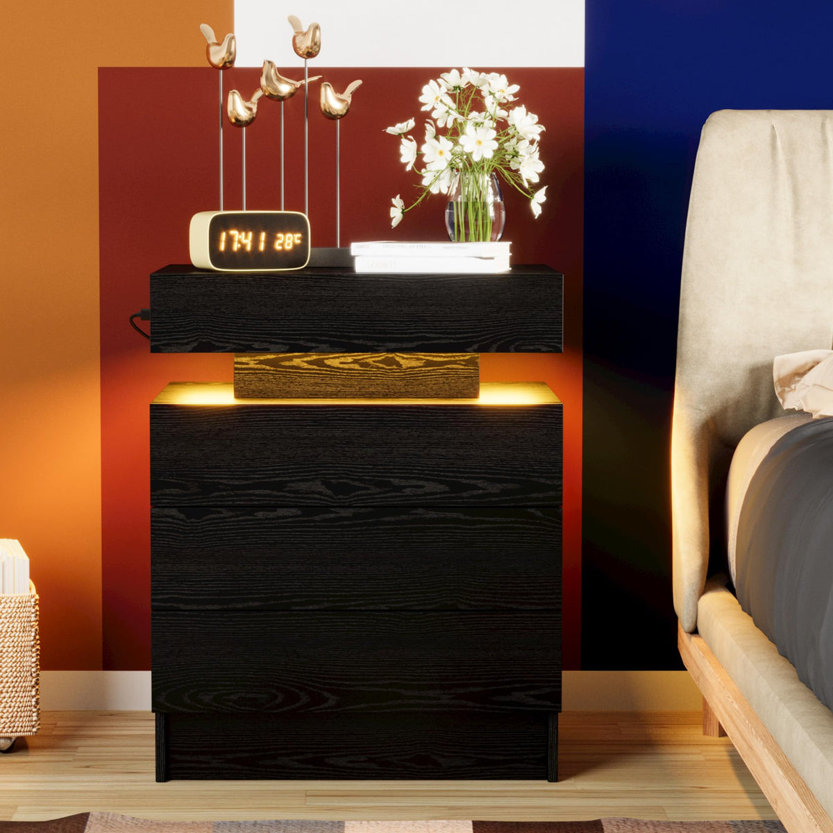 Black 3 Drawer Nightstand with Charging Station Z7212