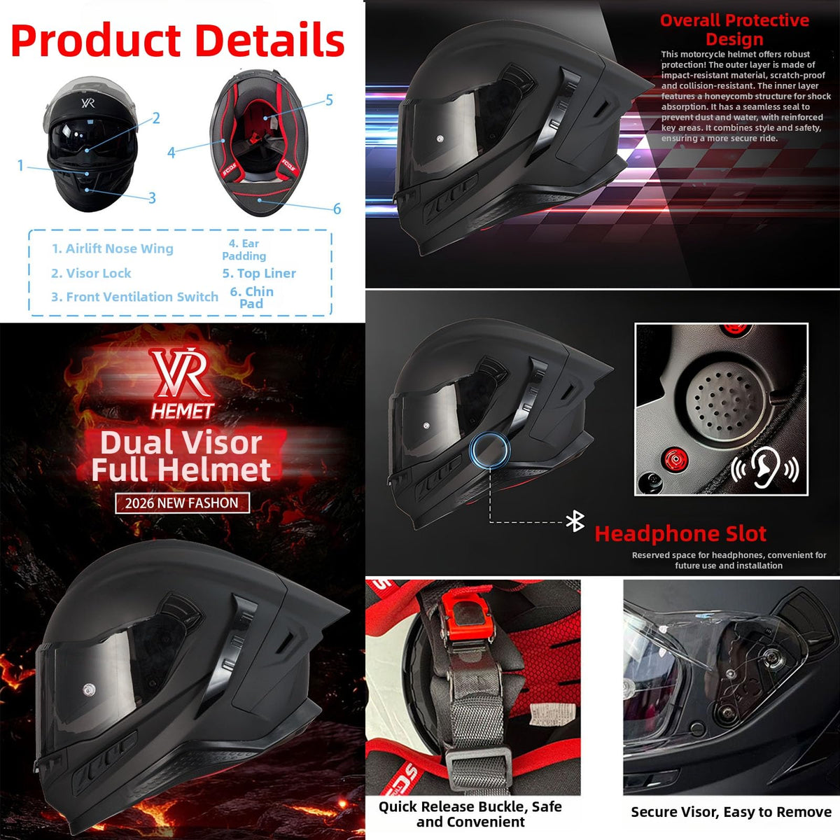 Full Face Motorcycle Helmet DOT Dual Sun Visor D96828