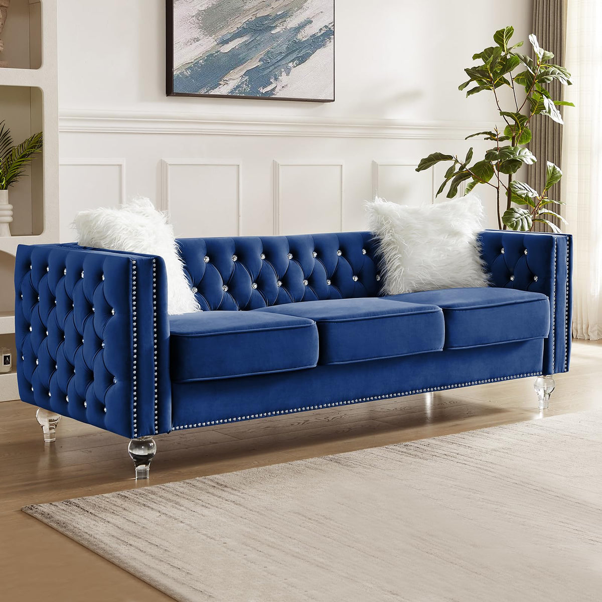 Blue Velvet Chesterfield Sofa with 2 Throw Pillows F921893