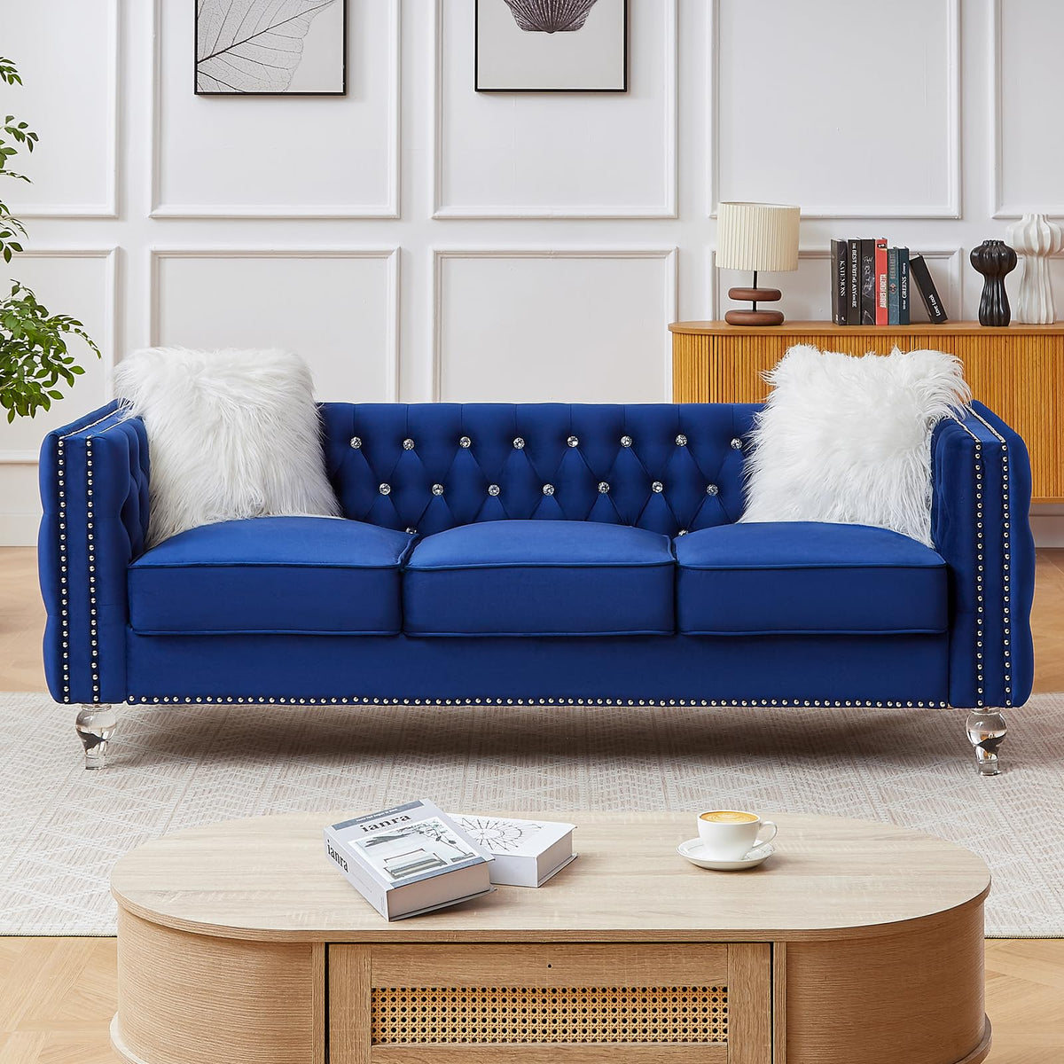 Blue Velvet Chesterfield Sofa with 2 Throw Pillows F921893