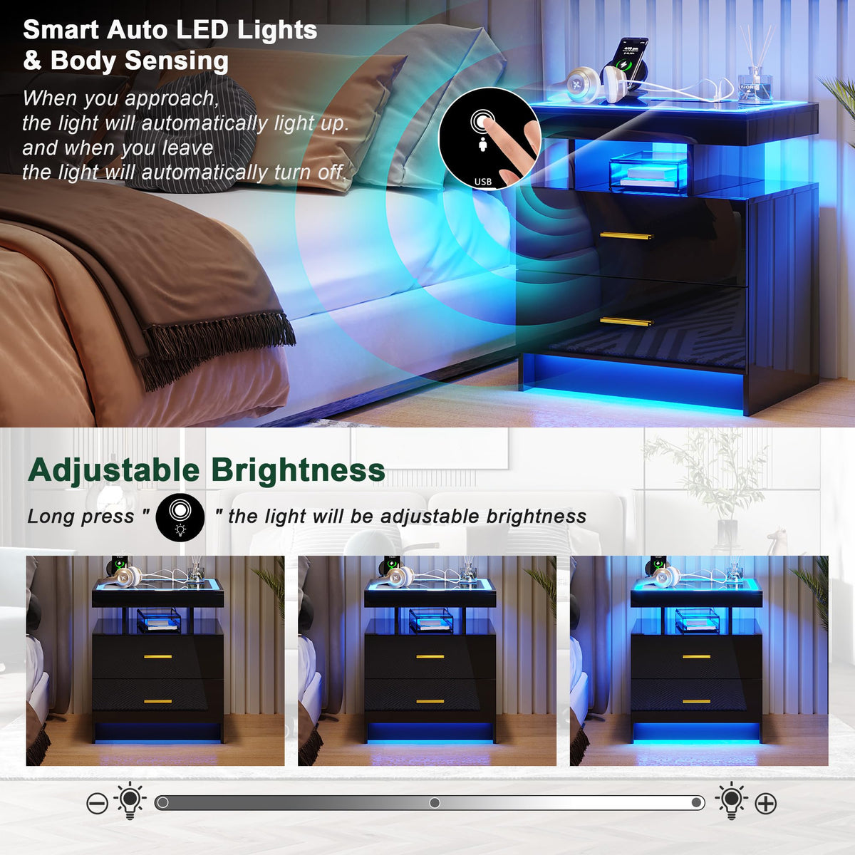 Black High Gloss Nightstand with Charging Station and 2 Drawers J769557