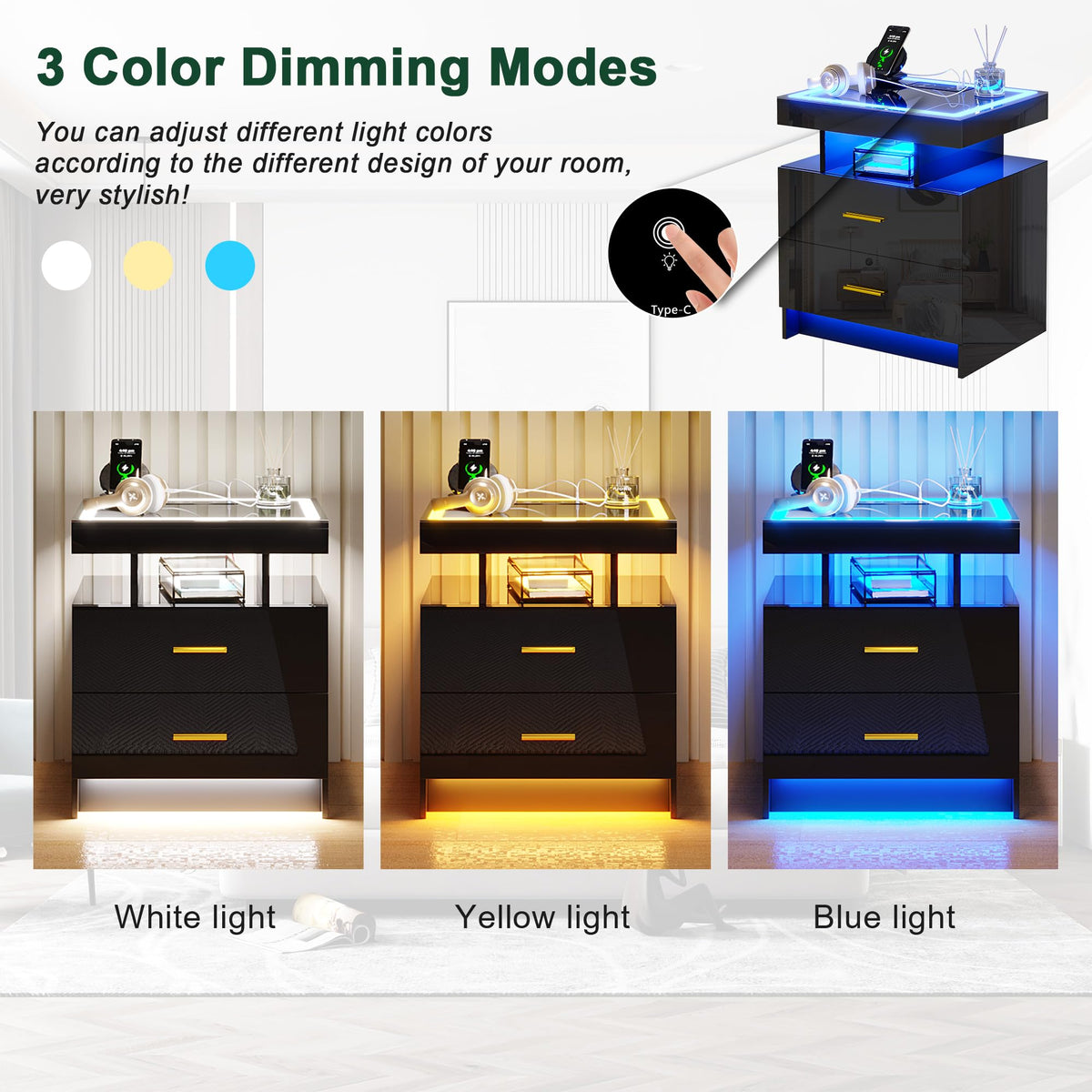 Black High Gloss Nightstand with Charging Station and 2 Drawers J769557