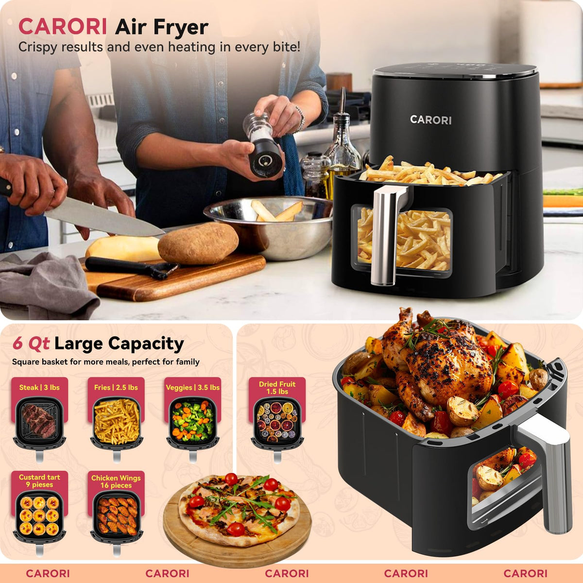 6Qt Air Fryer with Viewing Window, 12 Preset, Nonstick Dishwasher Safe Basket E4486