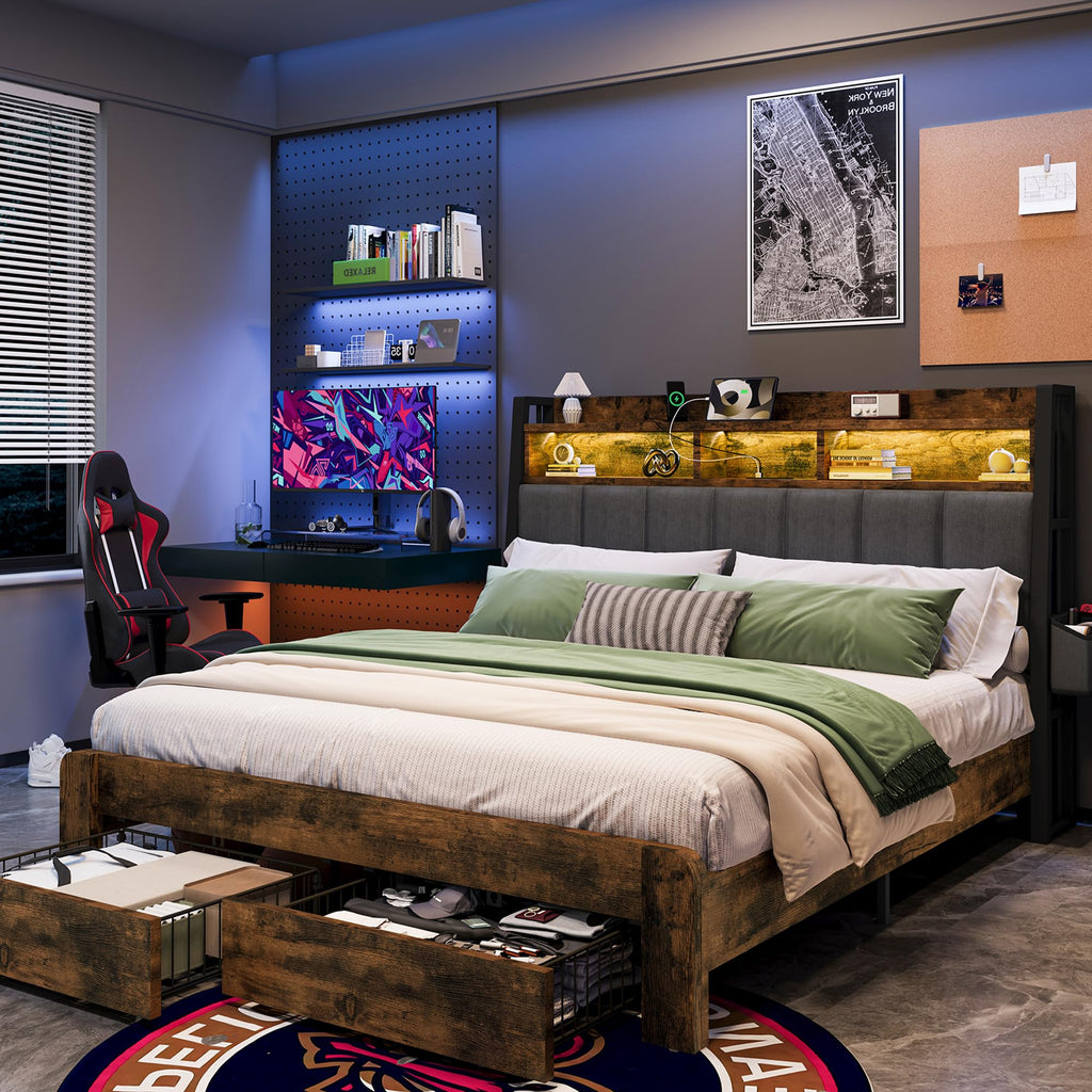 King Size Upholstered Bed Frame with 2 Storage Drawers and Charging Station X408