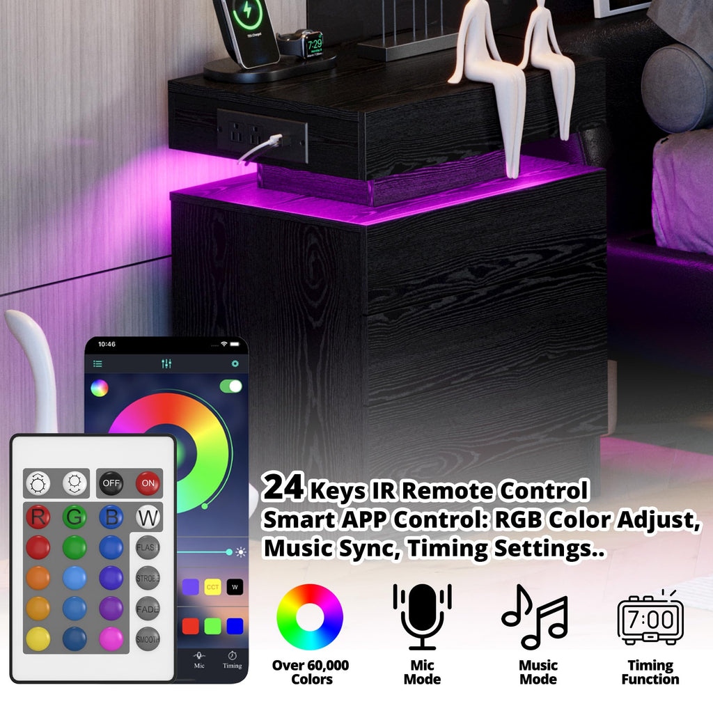 Black 3 Drawer Nightstand with Charging Station Z7212