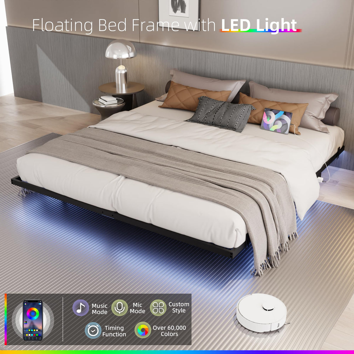 King Size Metal Platform Bed Frame with Charging Station and LED Lights V919