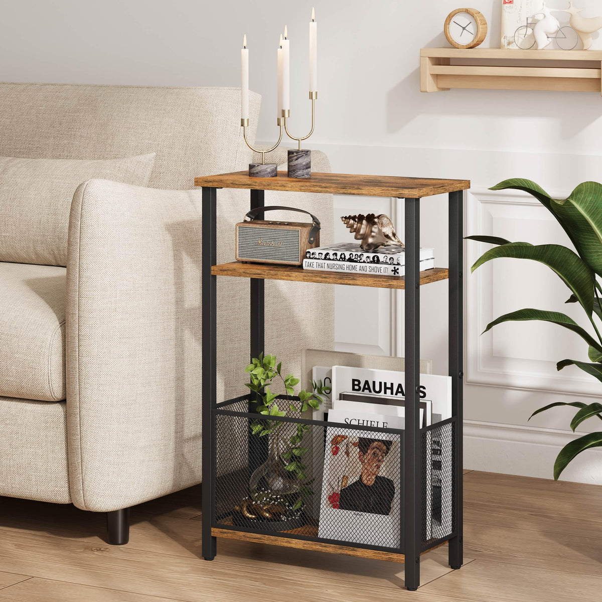 Narrow 3 Tier Side Table with Storage Basket G305