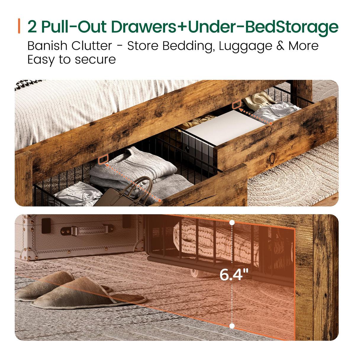 King Size Upholstered Bed Frame with 2 Storage Drawers and Charging Station X408