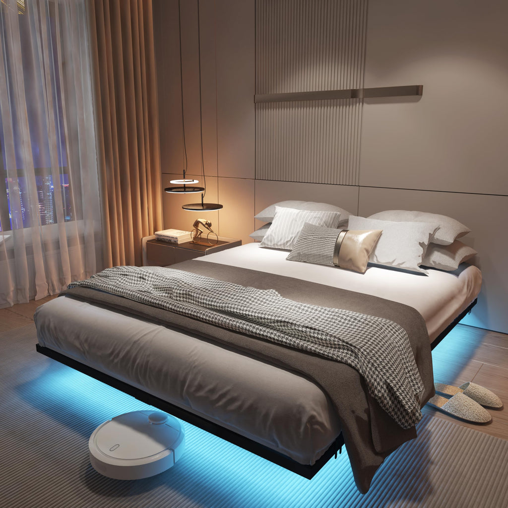 King Size Metal Platform Bed Frame with Charging Station and LED Lights V919