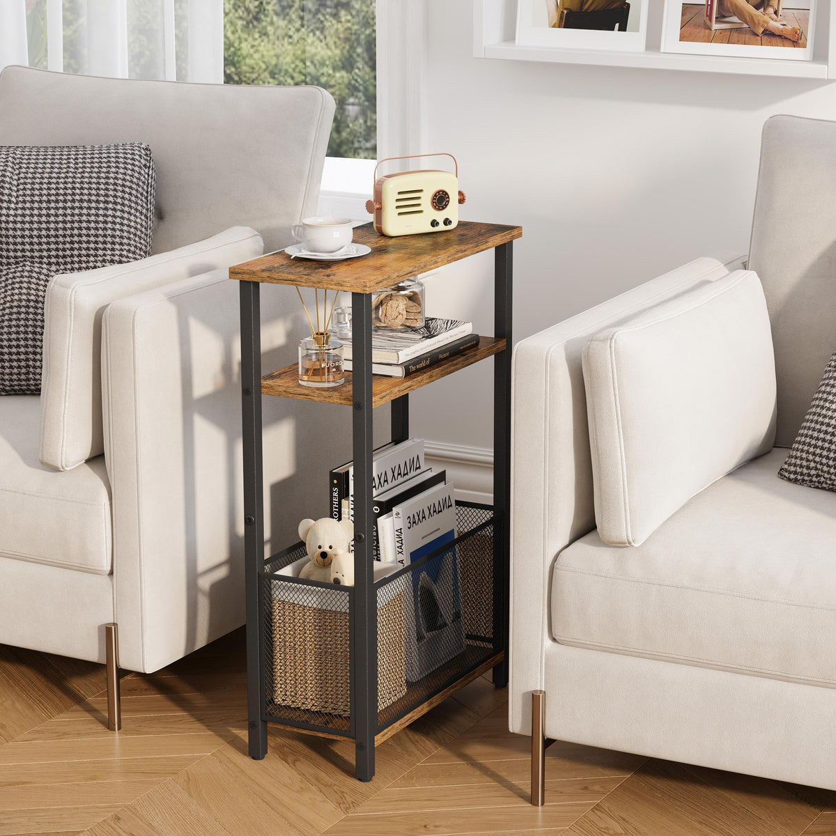 Narrow 3 Tier Side Table with Storage Basket G305