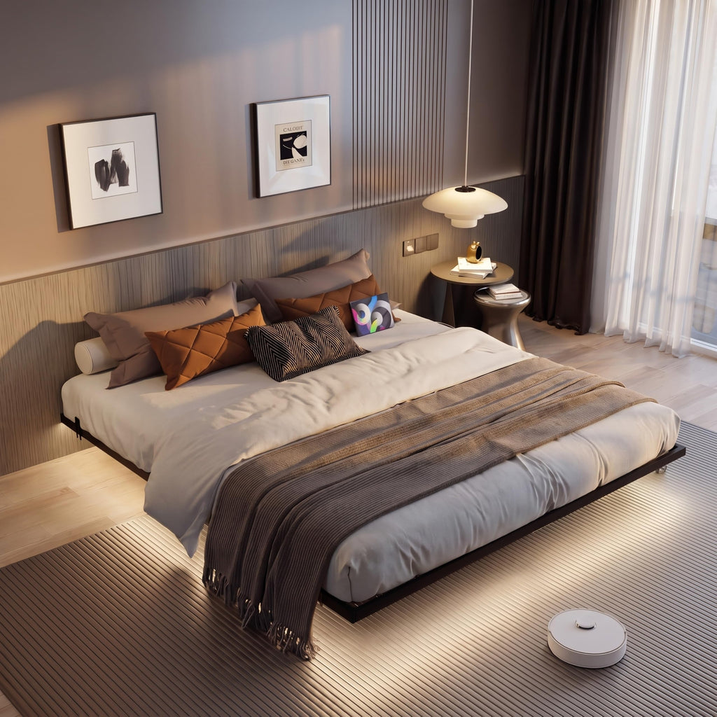 King Size Metal Platform Bed Frame with Charging Station and LED Lights V919